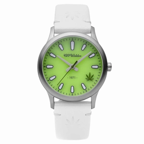 420Waldos Women's Quartz Watch - Mary Jane Green Dial White Leather Strap | W2017