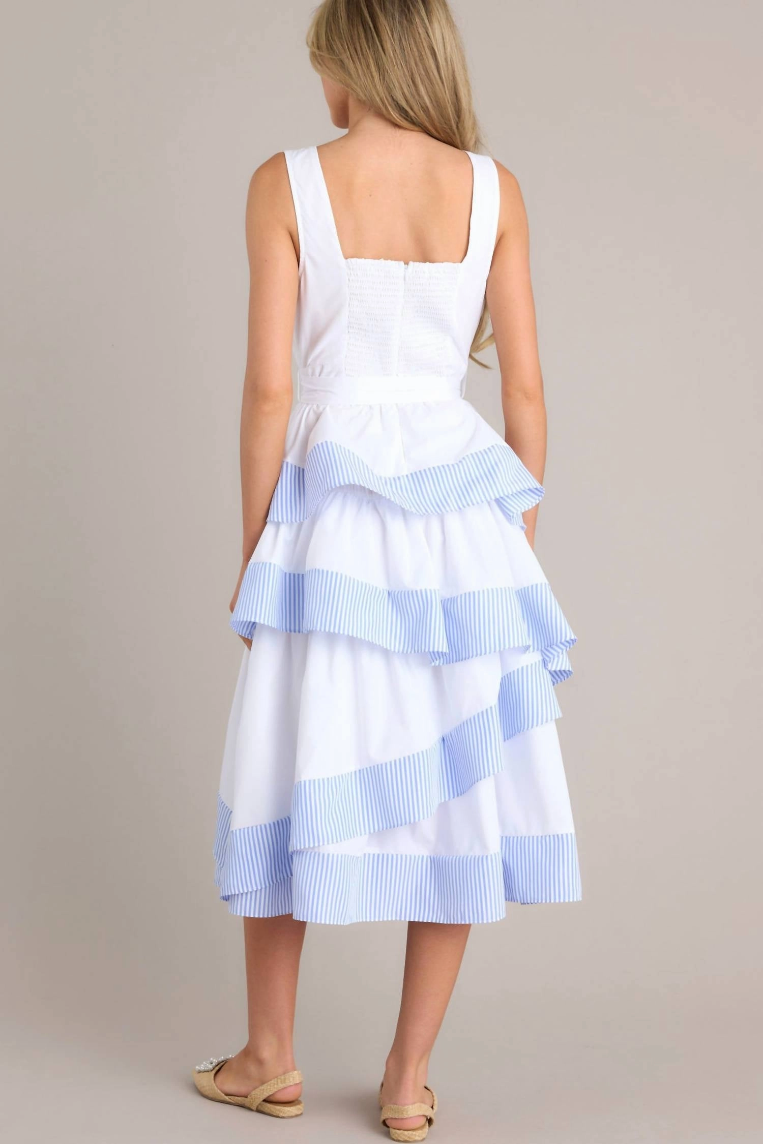 "derby Days" Stripe Ruffle Midi Dress In White/blue