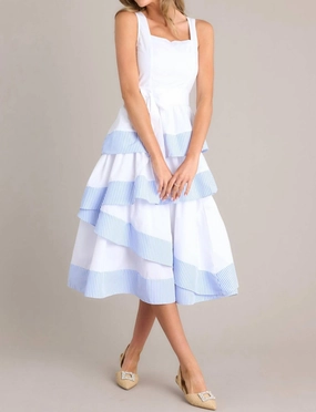 "derby Days" Stripe Ruffle Midi Dress In White/blue