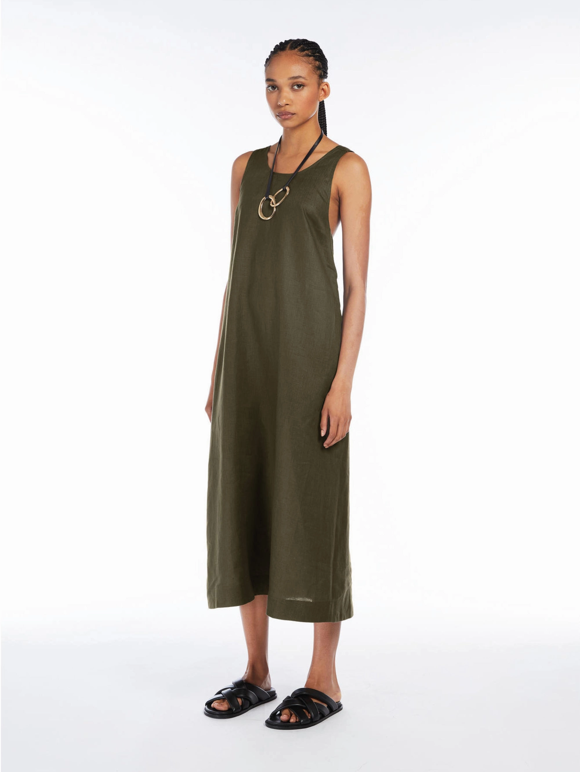 Dark Green Linen Longuette Dress