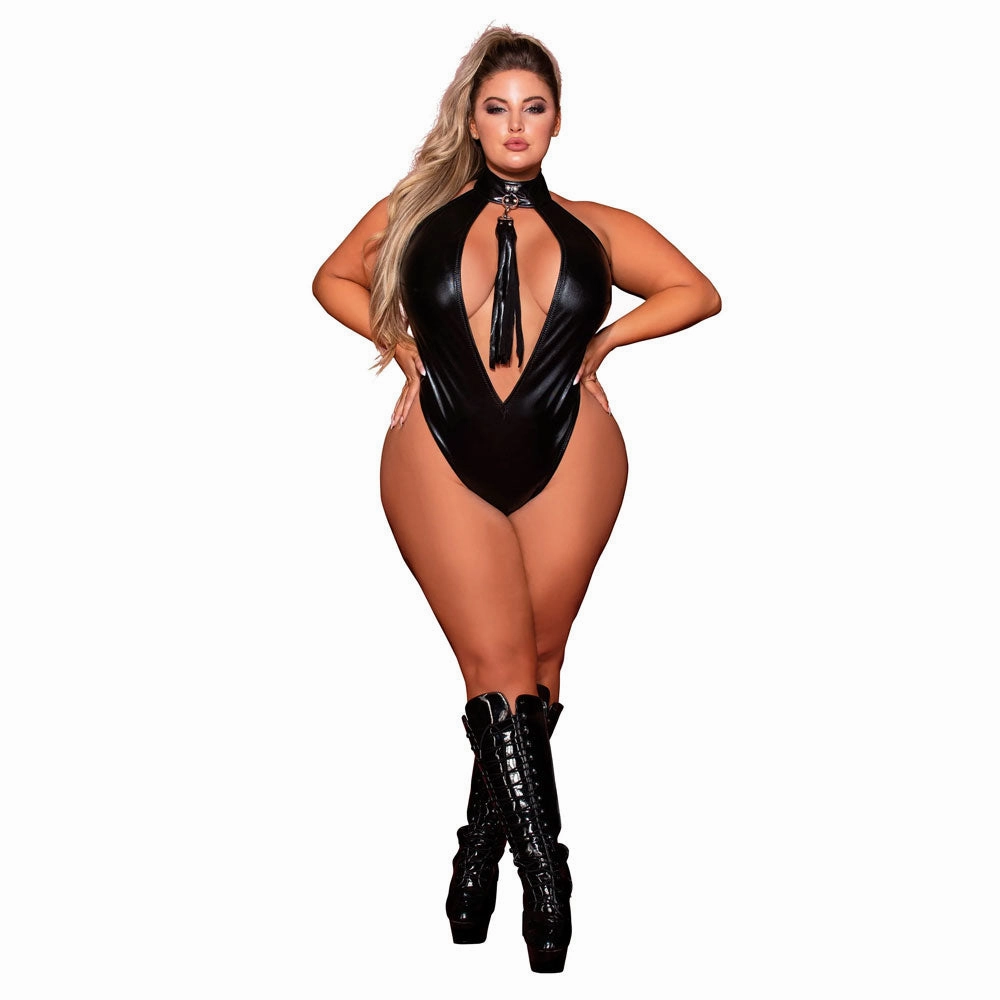 Dreamgirl Lingerie Faux-Leather Halter Teddy with Studded Collar & Flogger Black 12450X
