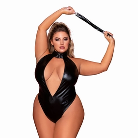 Dreamgirl Lingerie Faux-Leather Halter Teddy with Studded Collar & Flogger Black 12450X