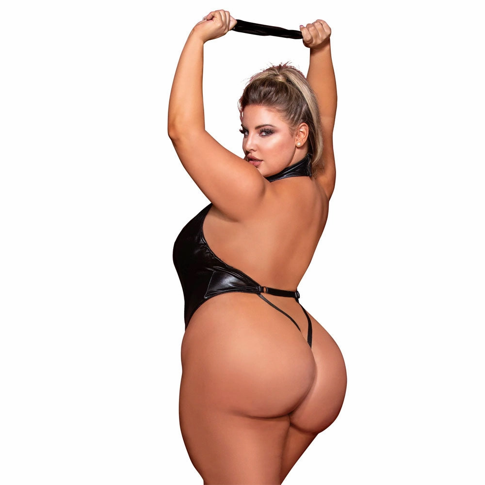 Dreamgirl Lingerie Faux-Leather Halter Teddy with Studded Collar & Flogger Black 12450X