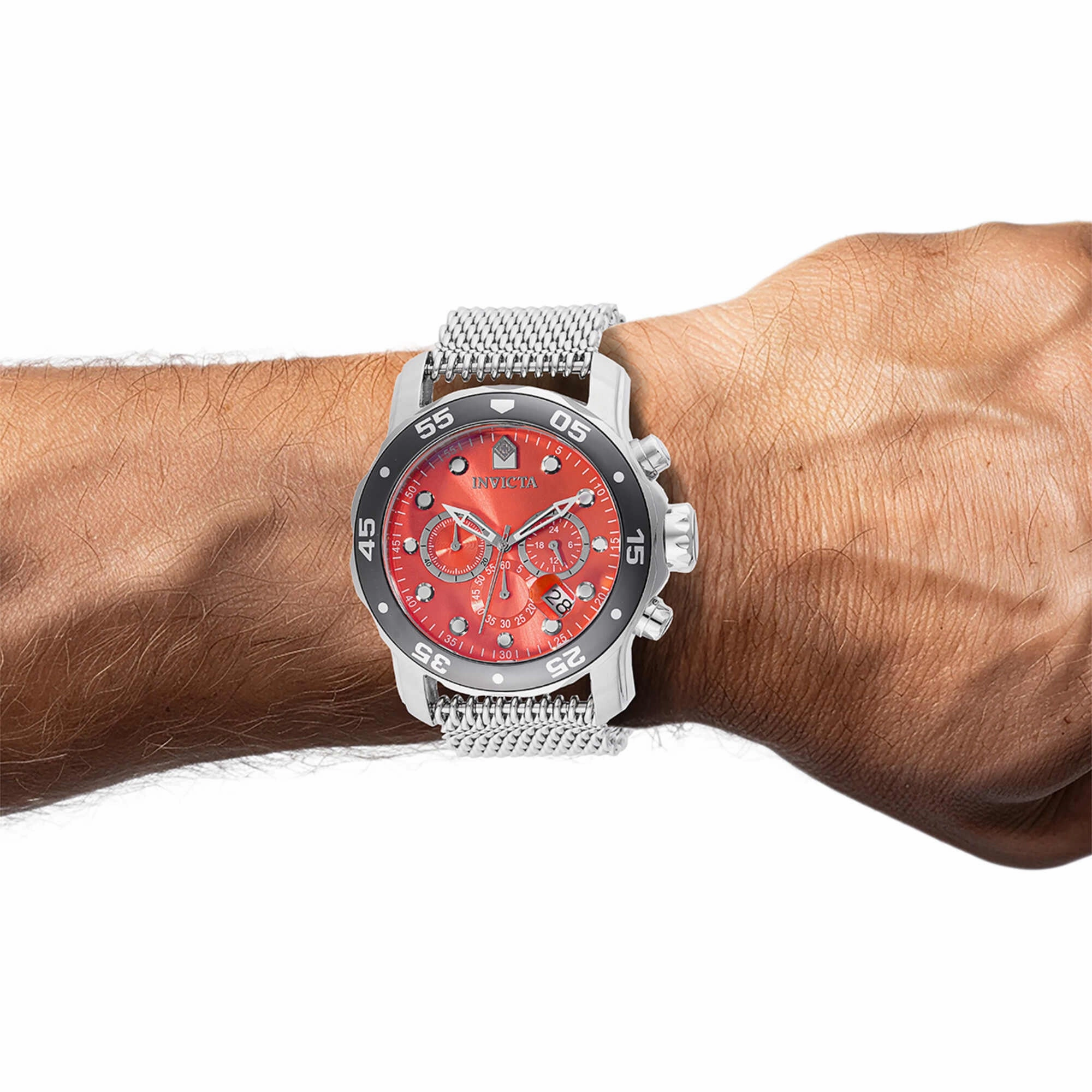 Invicta Men's Watch - Pro Diver Chronograph Red Dial Steel Mesh Bracelet | 47587