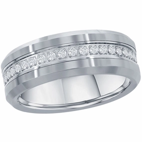 Men's Ring - Polished Silver CZ Eternity Tungsten Band, Size 13 | SW-2081-13