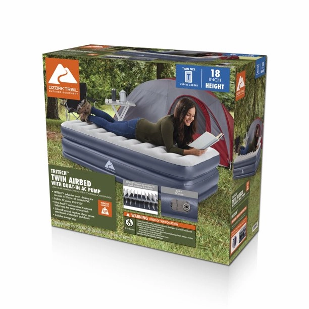 Ozark Trail Tritech QuadComfort 18" Air Mattress Antimicrobial Coating with Built-in AC Pump, Twin