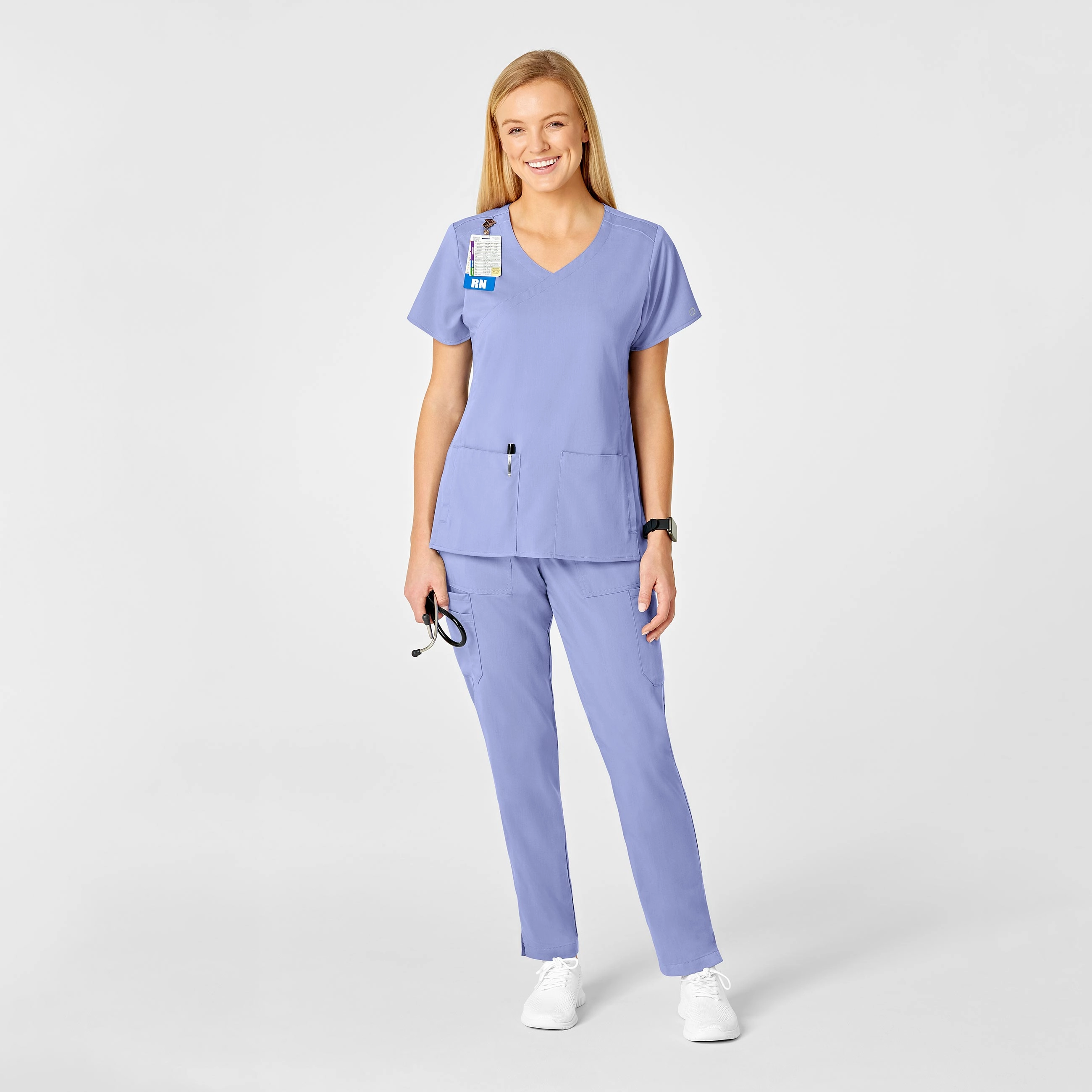 PRO Women's 4 Pocket Wrap Scrub Top - Ceil Blue
