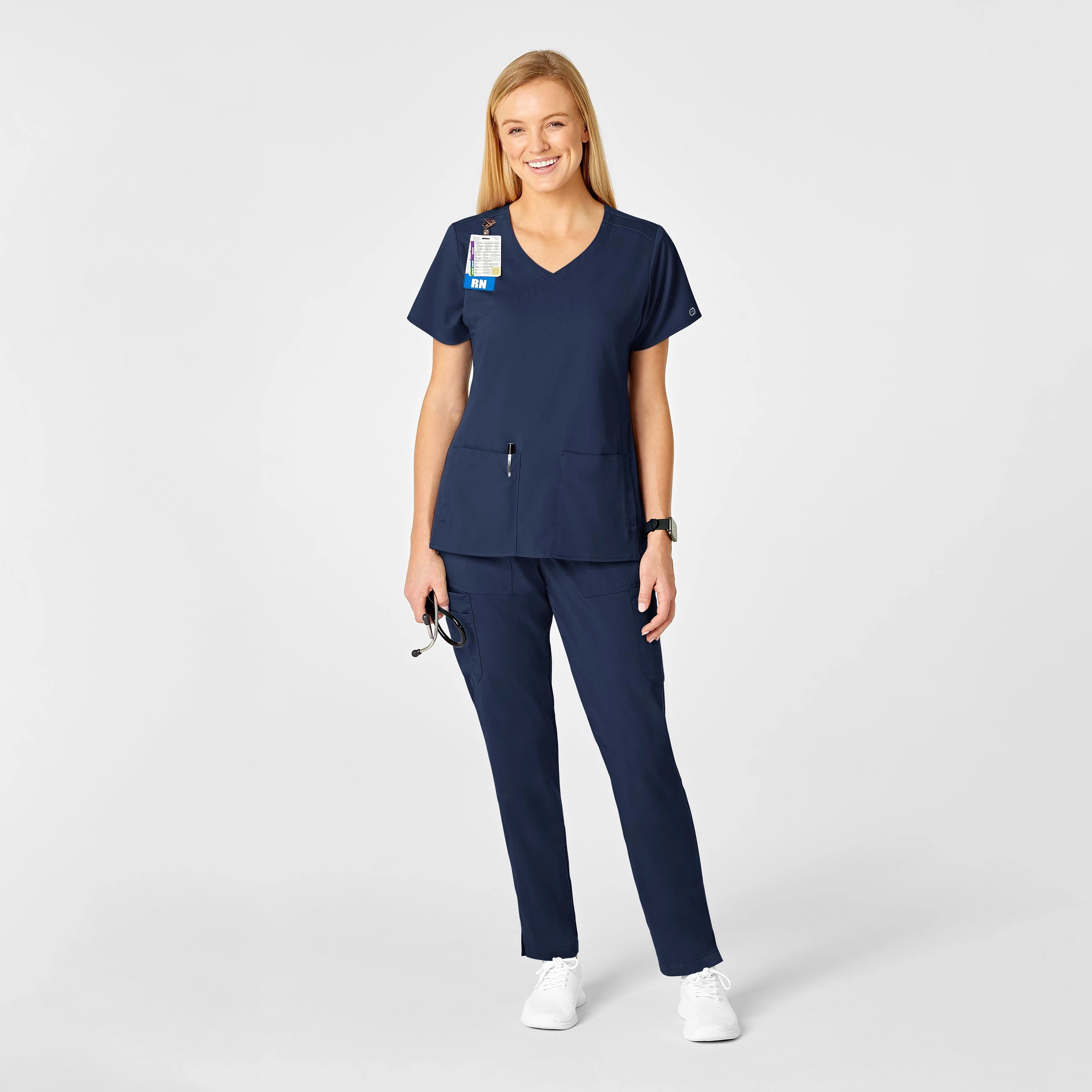 PRO Women's 4 Pocket Wrap Scrub Top - Navy
