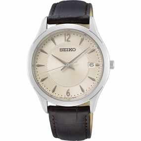 Seiko Men's Watch - Quartz Beige Dial Brown Leather Strap Date Display | SUR421P1