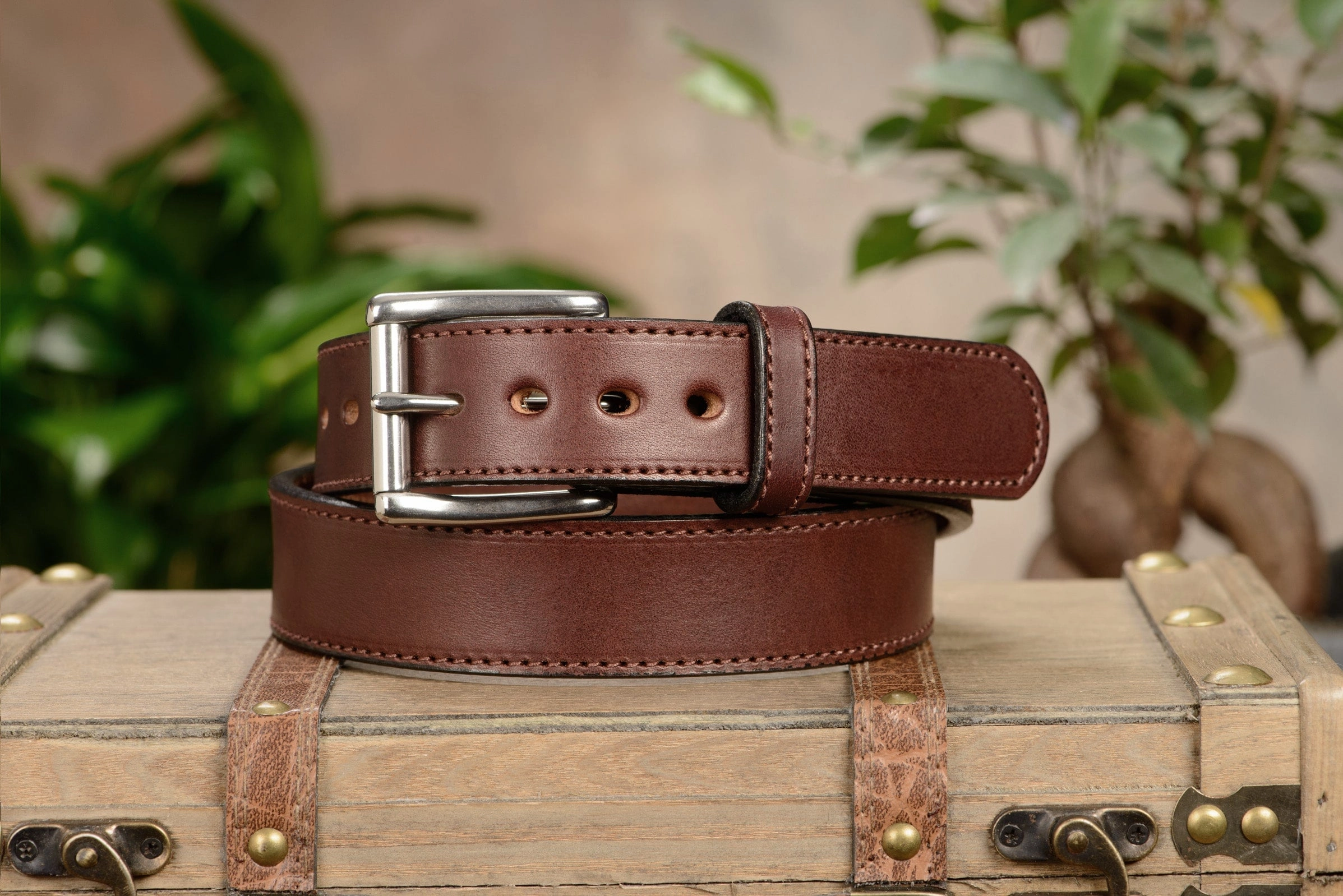 The Eastwood: Men's Brown Stitched Leather Belt Max Thick 1.50"