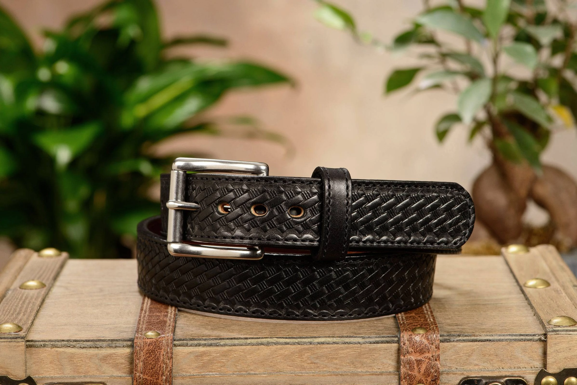 The Norris: Black Stitched Basket Weave Max Thick With Steel Core 1.50"