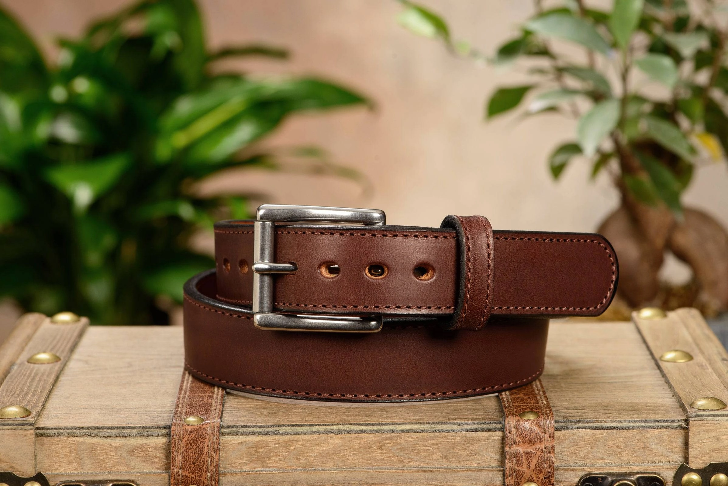 The Norris: Men's Brown Stitched Leather Belt Max Thick With Steel Core 1.50"