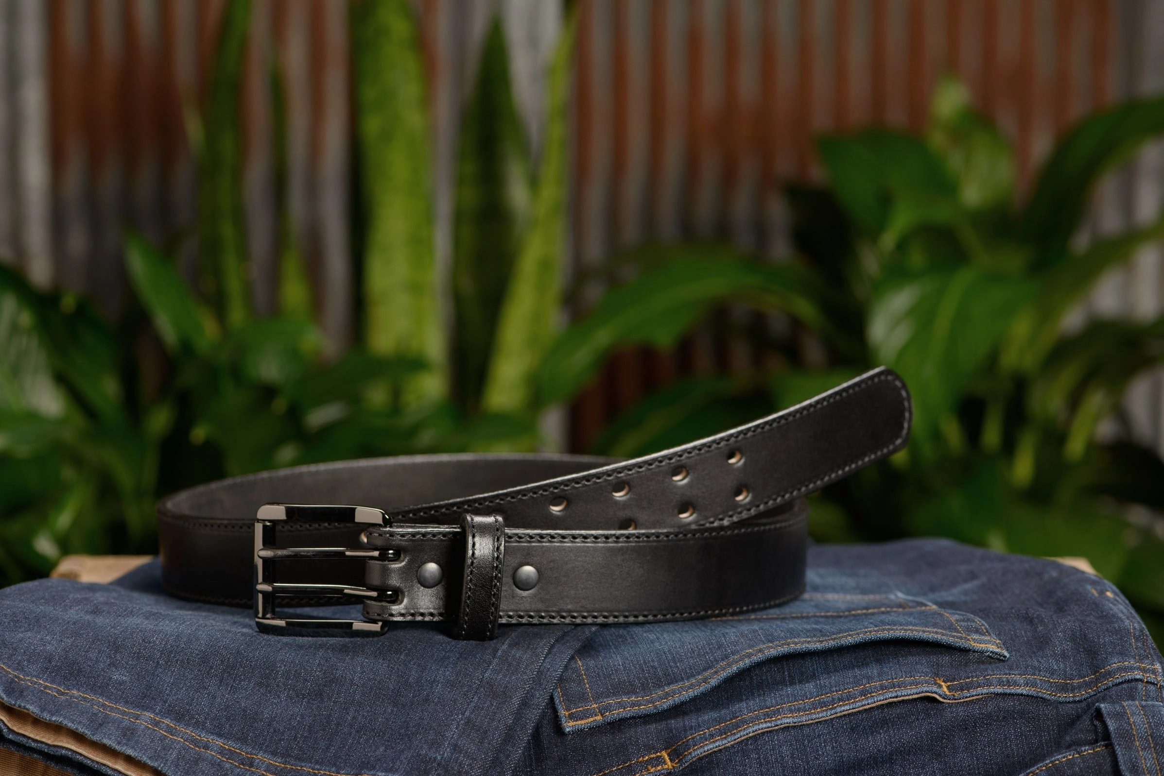 The Viper: Men's Black Stitched Leather Belt With Double Prong Gunmetal Buckle - 1.50" Max