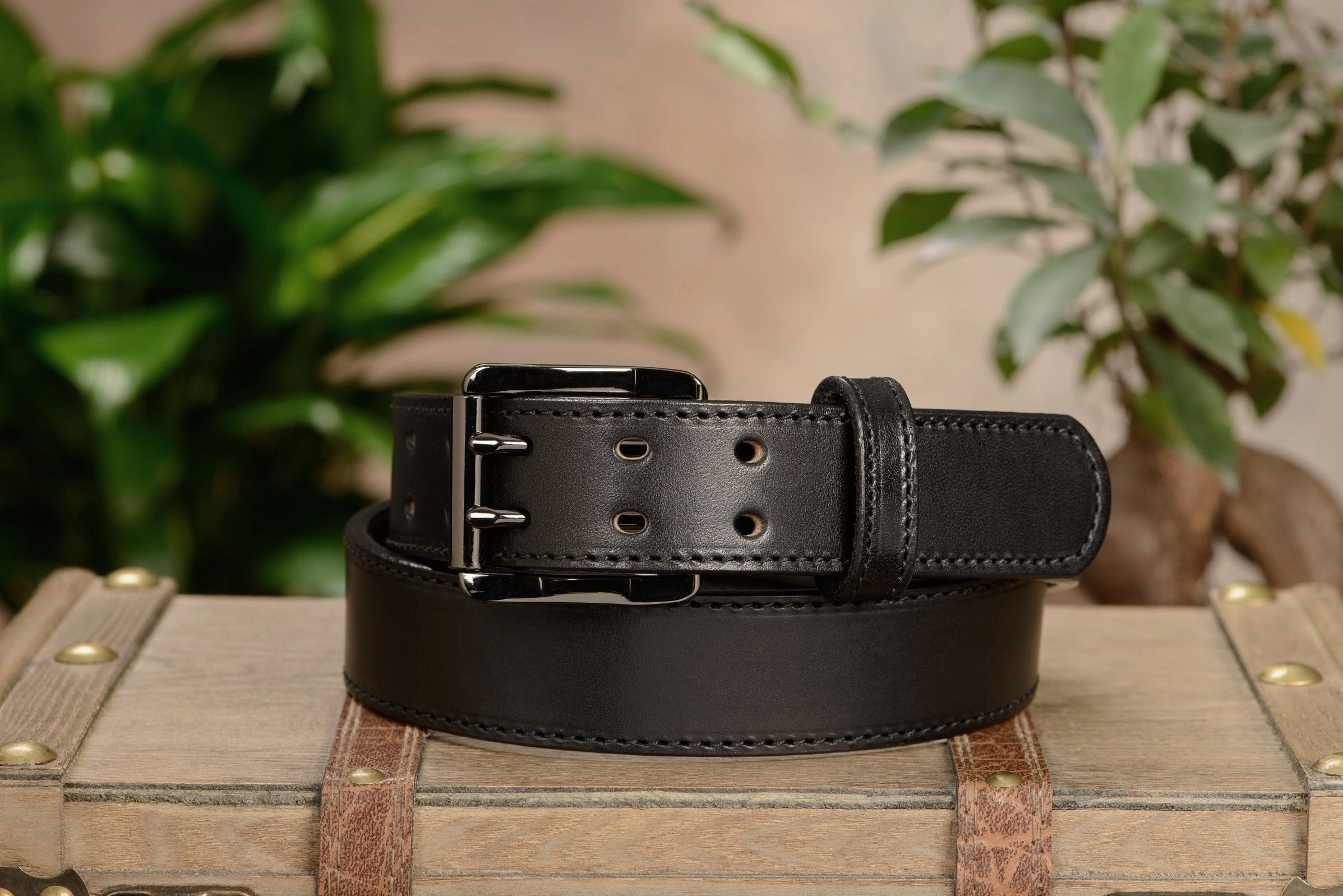 The Viper: Men's Black Stitched Leather Belt With Double Prong Gunmetal Buckle - 1.50" Max
