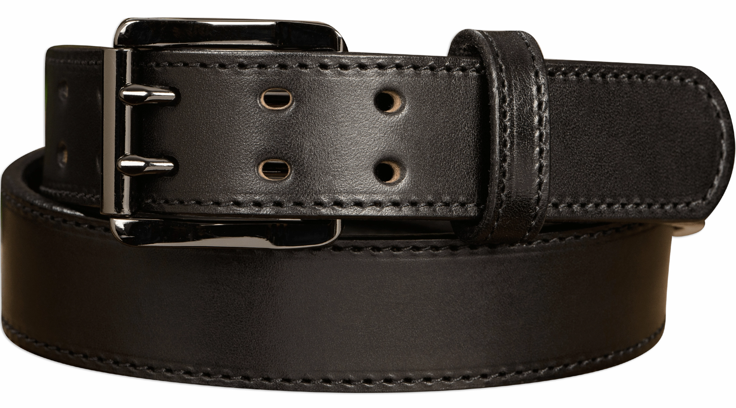The Viper: Men's Black Stitched Leather Belt With Double Prong Gunmetal Buckle - 1.50" Max