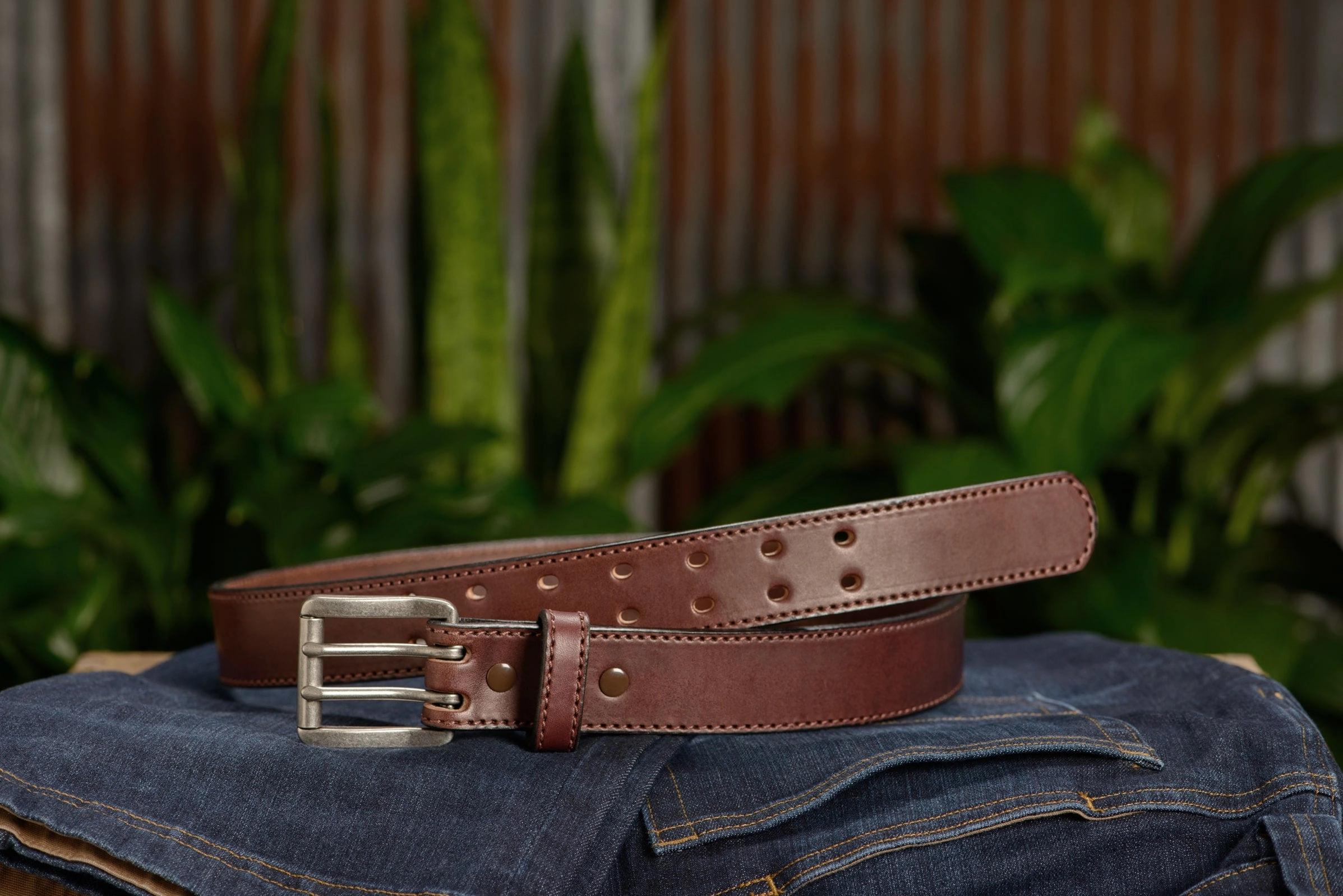 The Viper: Men's Brown Stitched Leather Belt With Double Prong Nickel Buckle - 1.50" Max