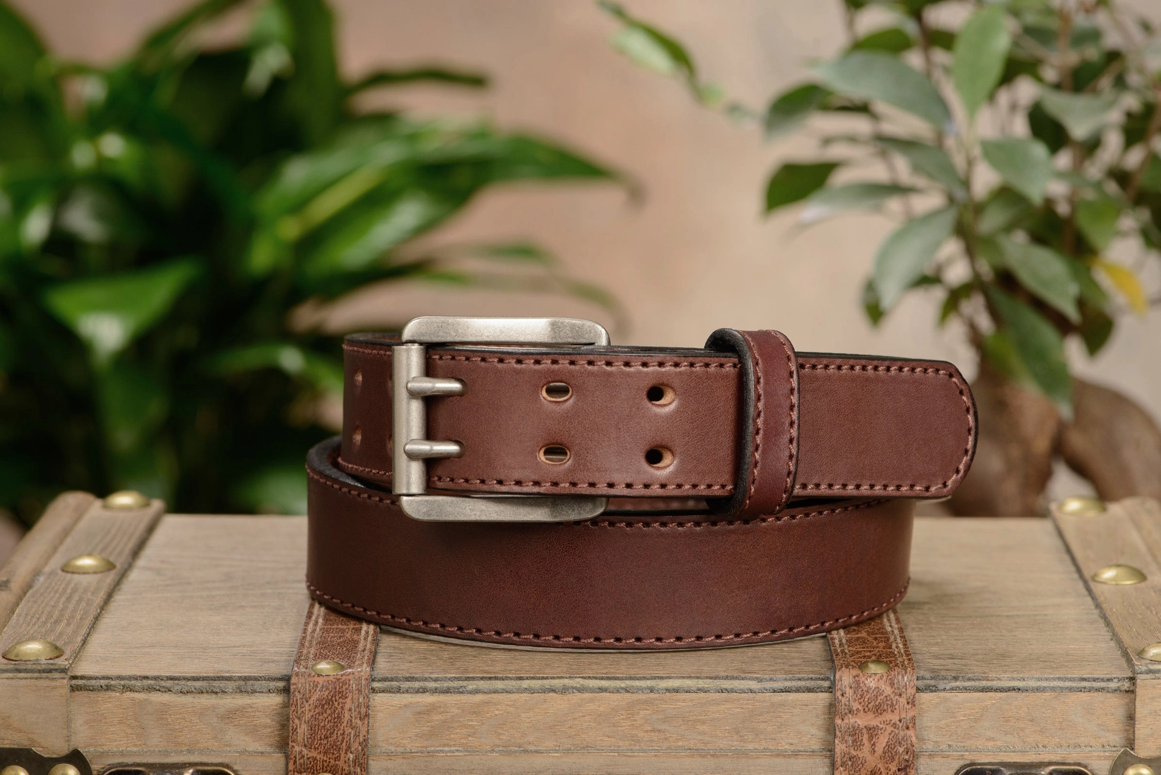 The Viper: Men's Brown Stitched Leather Belt With Double Prong Nickel Buckle - 1.50" Max
