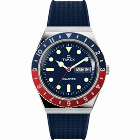 Timex Men's Watch - Q Quartz Rotating Bezel Blue Dial Strap Day-Date TW2V32100