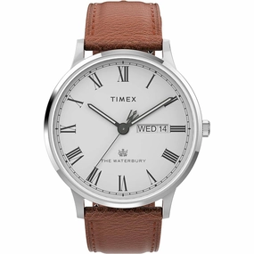 Timex Men's Watch - Waterbury Date Display White Dial Leather Strap | TW2V46500VQ