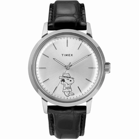 Timex Unisex Watch - Peanuts Marlin Silver Tone Dial Black Leather Strap | TW2U99500ZV