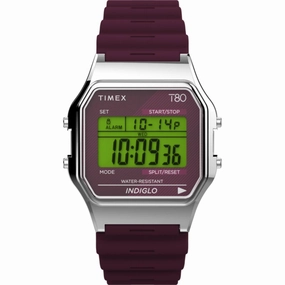 Timex Women's Digital Watch - T80 Alarm Date Display Burgundy Strap | TW2V41300YB