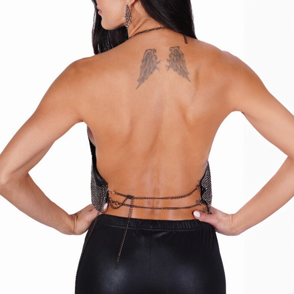 Western Fashion Rhinestone Mesh Plunging Halter Crop Top